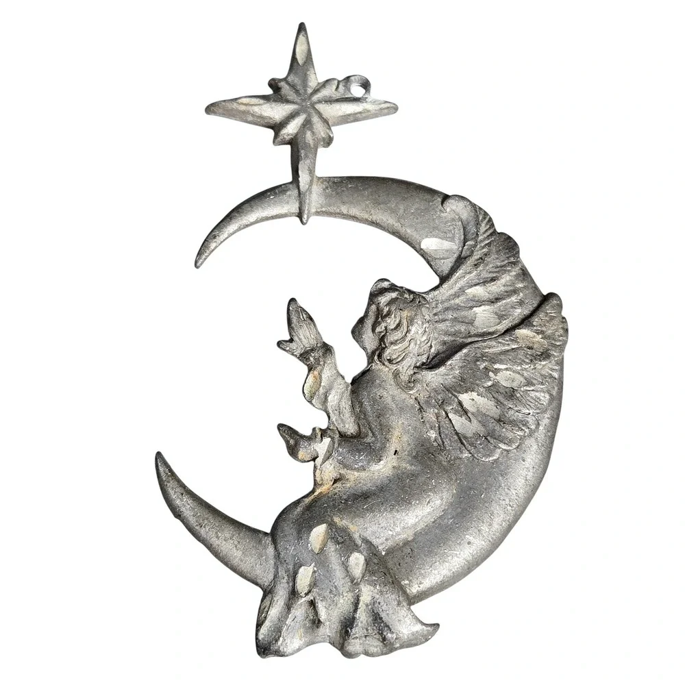 Rawcliffe Pewter 1995 Angel on Crescent Moon Star Vintage Ornament Celestial